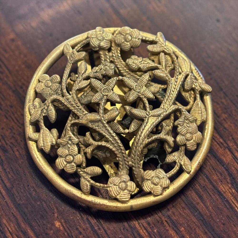 Antique Art Deco Dress Fur Clip Brass Tree Flowers Openwork Figural Vintage